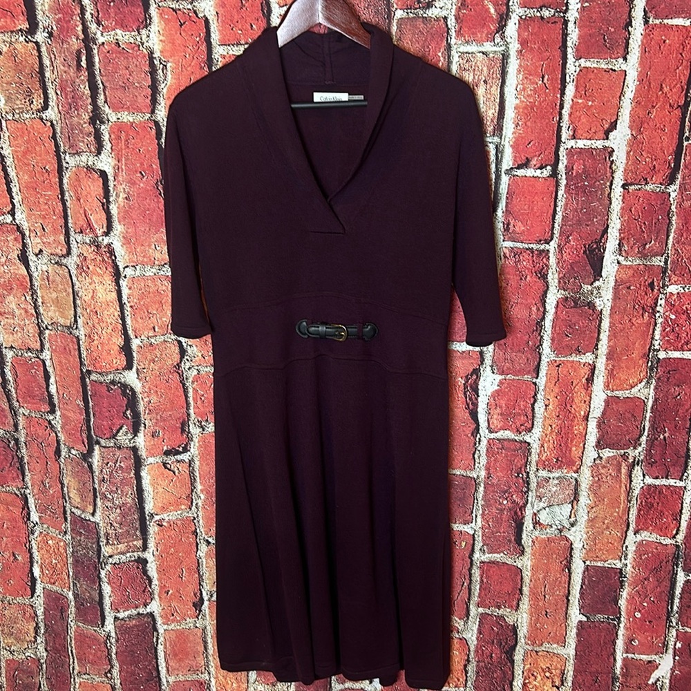 Calvin Klein Knit Dress Maroon Black Belt Trim SurpliceNeck Size XL dress